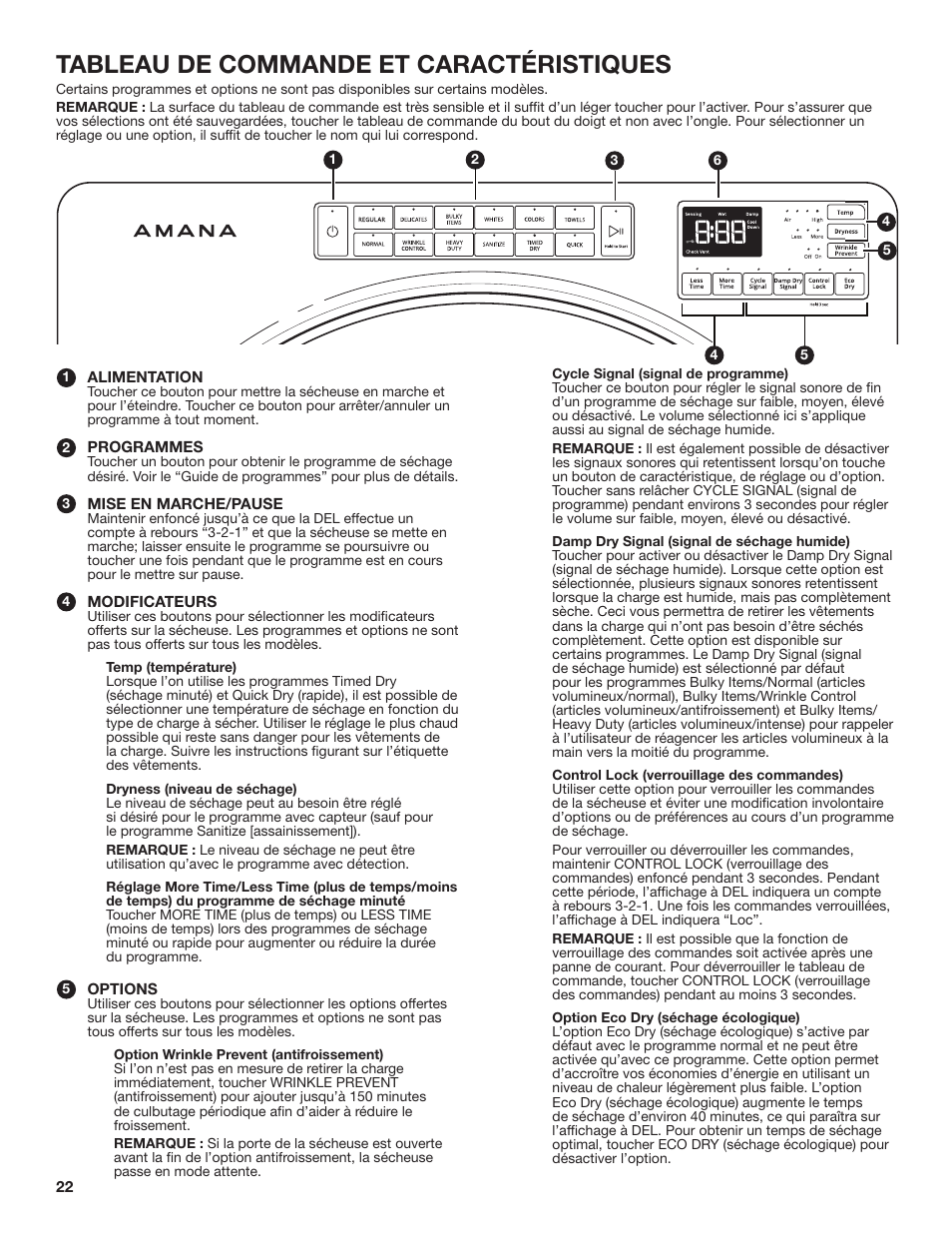 Tableau de commande et caractéristiques | Amana 27 Inch Front Load Electric Dryer Owner Manual User Manual | Page 22 / 36