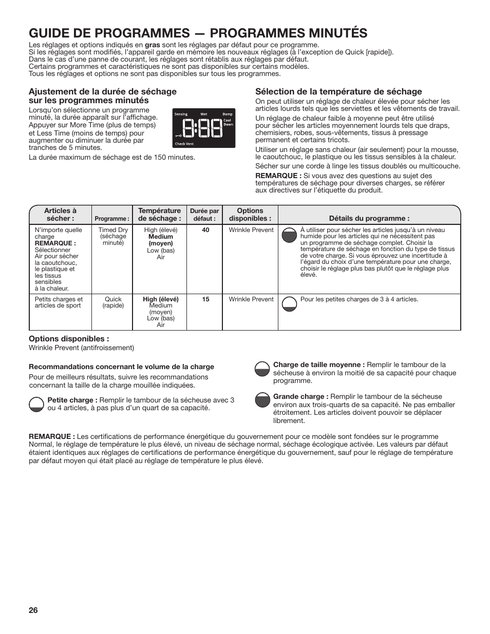 Guide de programmes — programmes minutés, Sélection de la température de séchage | Amana 27 Inch Front Load Electric Dryer Owner Manual User Manual | Page 26 / 36