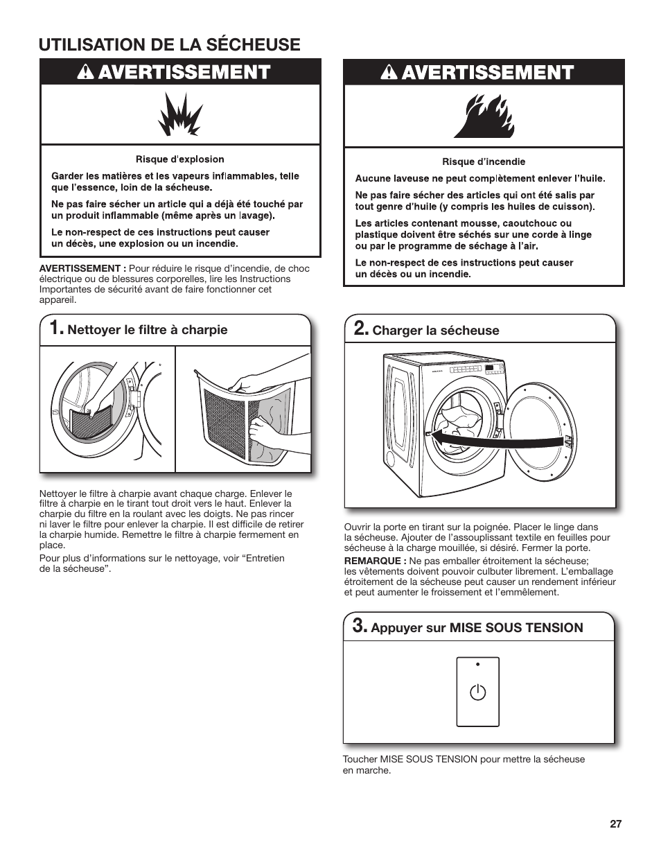 Utilisation de la sécheuse | Amana 27 Inch Front Load Electric Dryer Owner Manual User Manual | Page 27 / 36