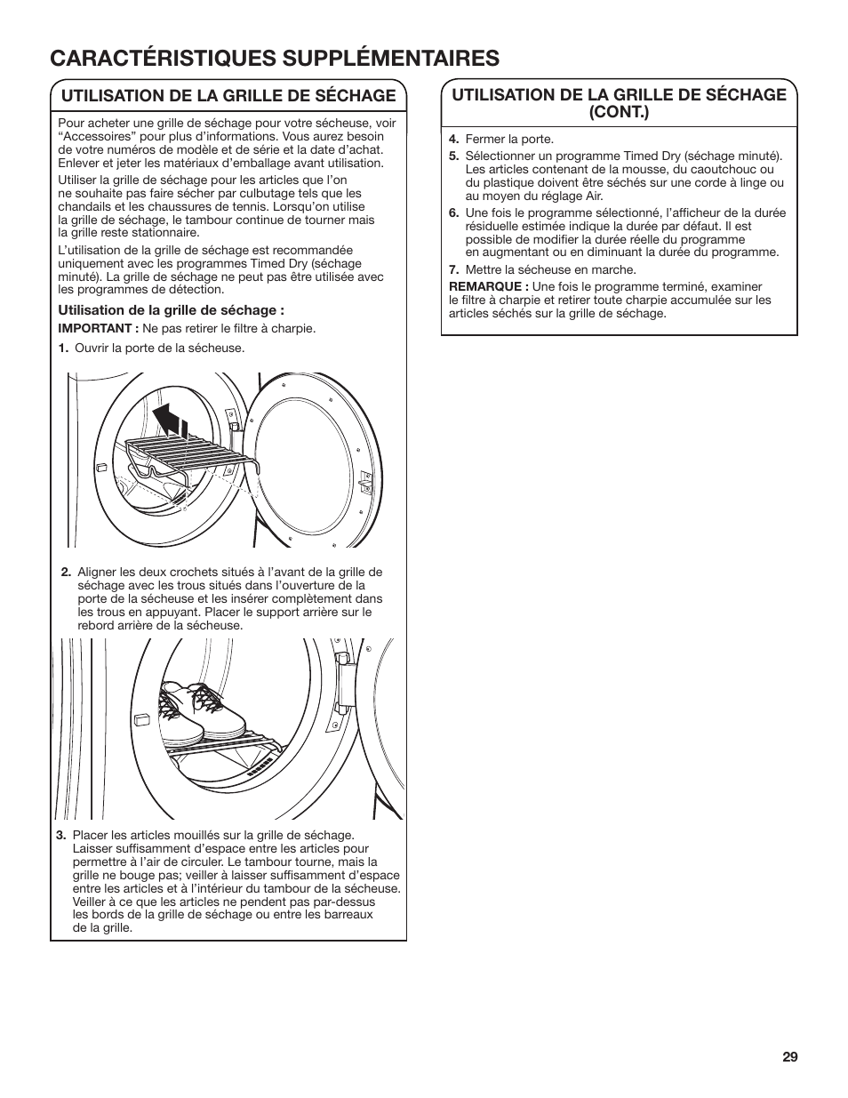 Caractéristiques supplémentaires, Utilisation de la grille de séchage, Utilisation de la grille de séchage (cont.) | Amana 27 Inch Front Load Electric Dryer Owner Manual User Manual | Page 29 / 36