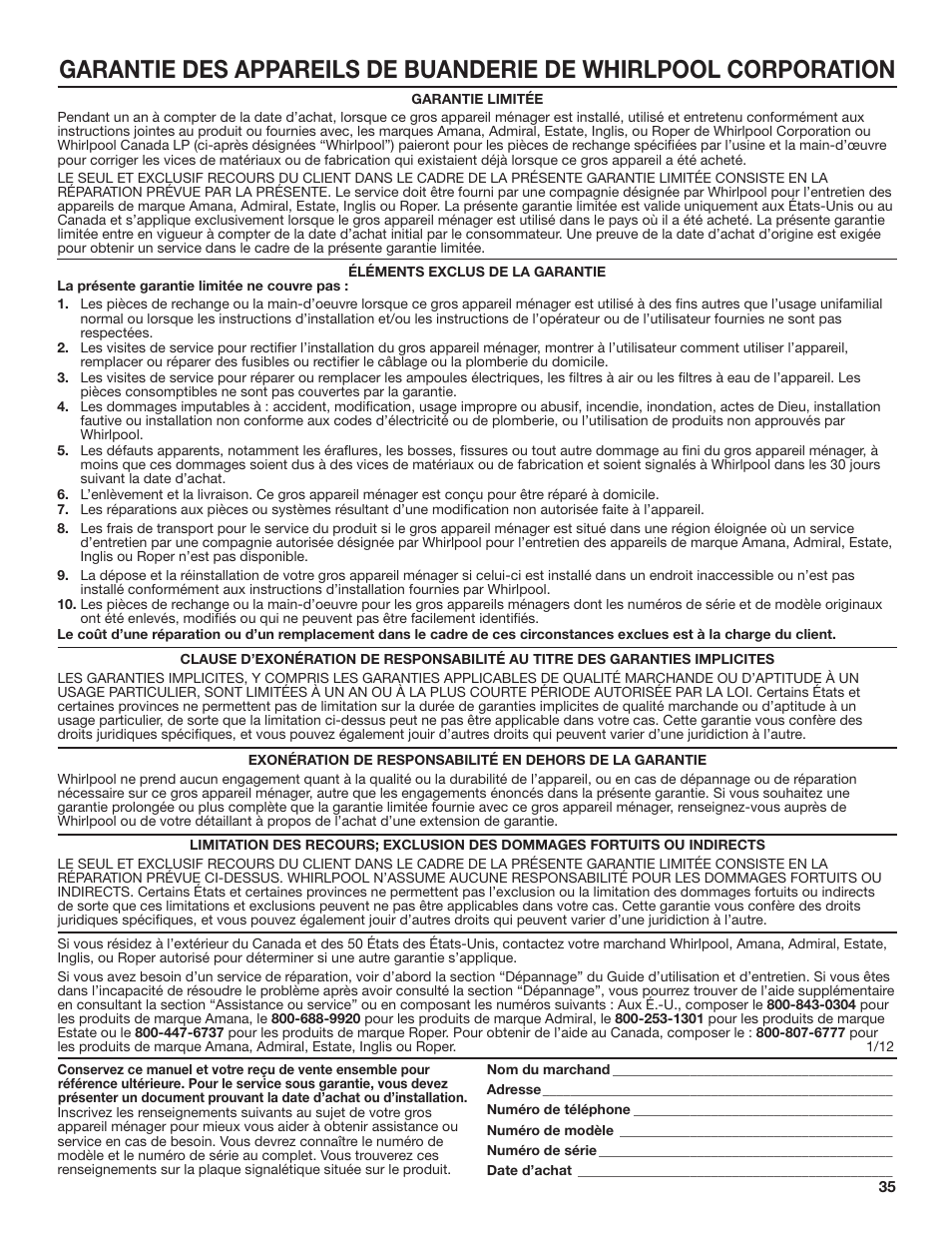 Amana 27 Inch Front Load Electric Dryer Owner Manual User Manual | Page 35 / 36