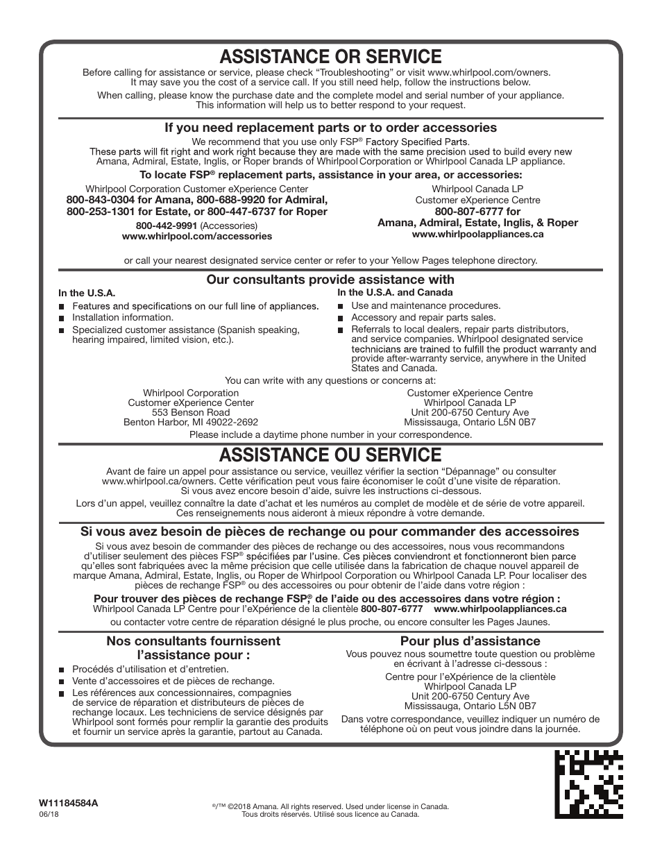 Assistance or service, Assistance ou service, Our consultants provide assistance with | Pour plus d’assistance, Nos consultants fournissent l’assistance pour | Amana 27 Inch Front Load Electric Dryer Owner Manual User Manual | Page 36 / 36