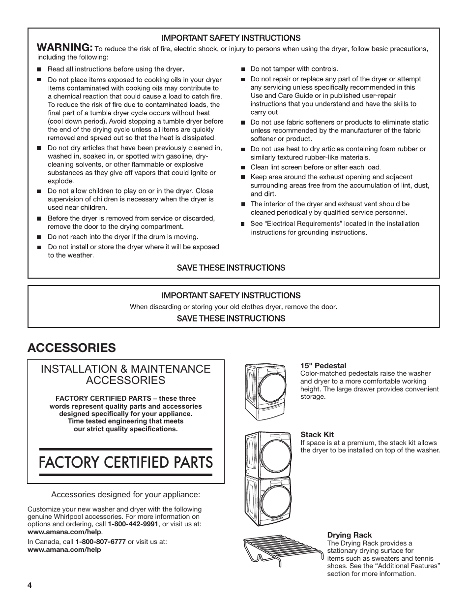 Factory certified parts, Accessories, Installation & maintenance accessories | Amana 27 Inch Front Load Electric Dryer Owner Manual User Manual | Page 4 / 36