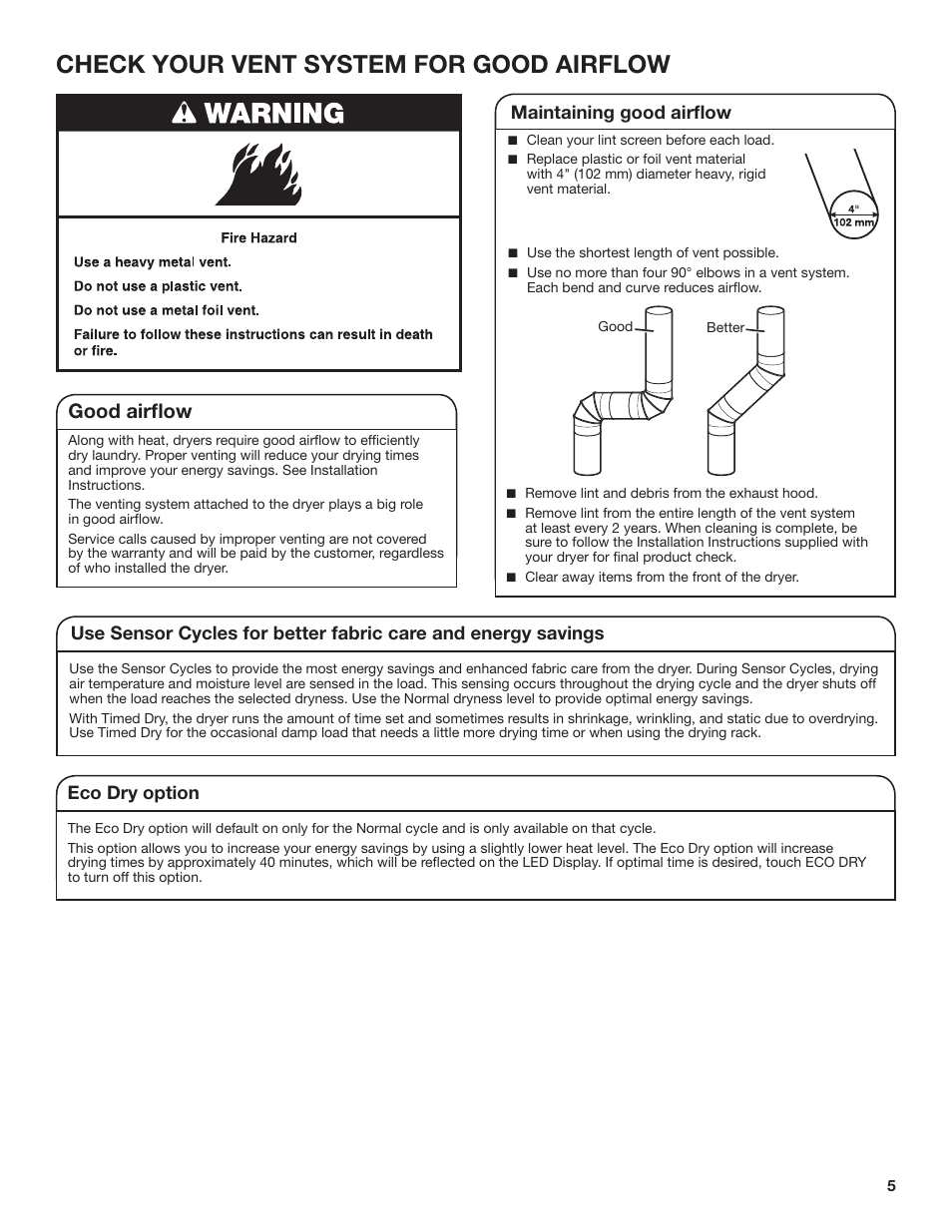 Check your vent system for good airflow, Good airflow, Maintaining good airflow | Eco dry option | Amana 27 Inch Front Load Electric Dryer Owner Manual User Manual | Page 5 / 36