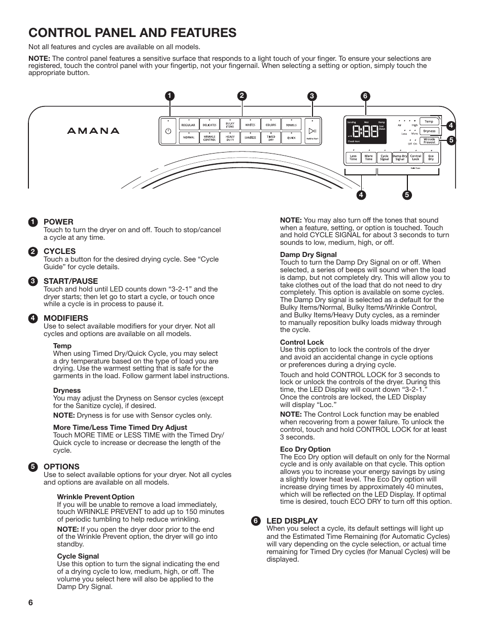 Control panel and features | Amana 27 Inch Front Load Electric Dryer Owner Manual User Manual | Page 6 / 36