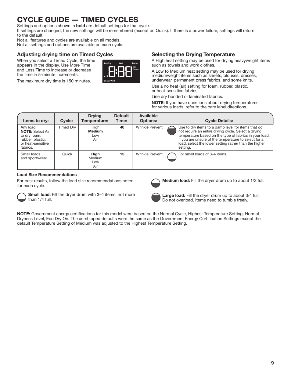 Cycle guide — timed cycles, Adjusting drying time on timed cycles, Selecting the drying temperature | Amana 27 Inch Front Load Electric Dryer Owner Manual User Manual | Page 9 / 36