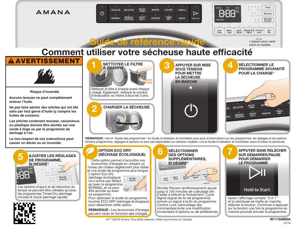 Référence, Guide de, Avertissement | Amana 27 Inch Front Load Electric Dryer Reference Guide User Manual | Page 2 / 2