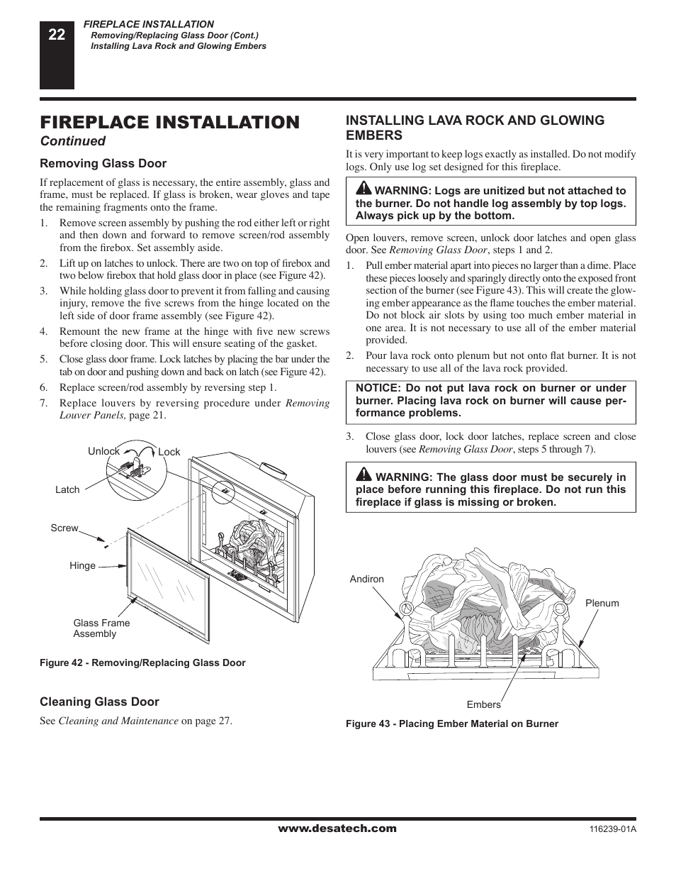 Fireplace installation | Desa (V)KC42N User Manual | Page 22 / 40