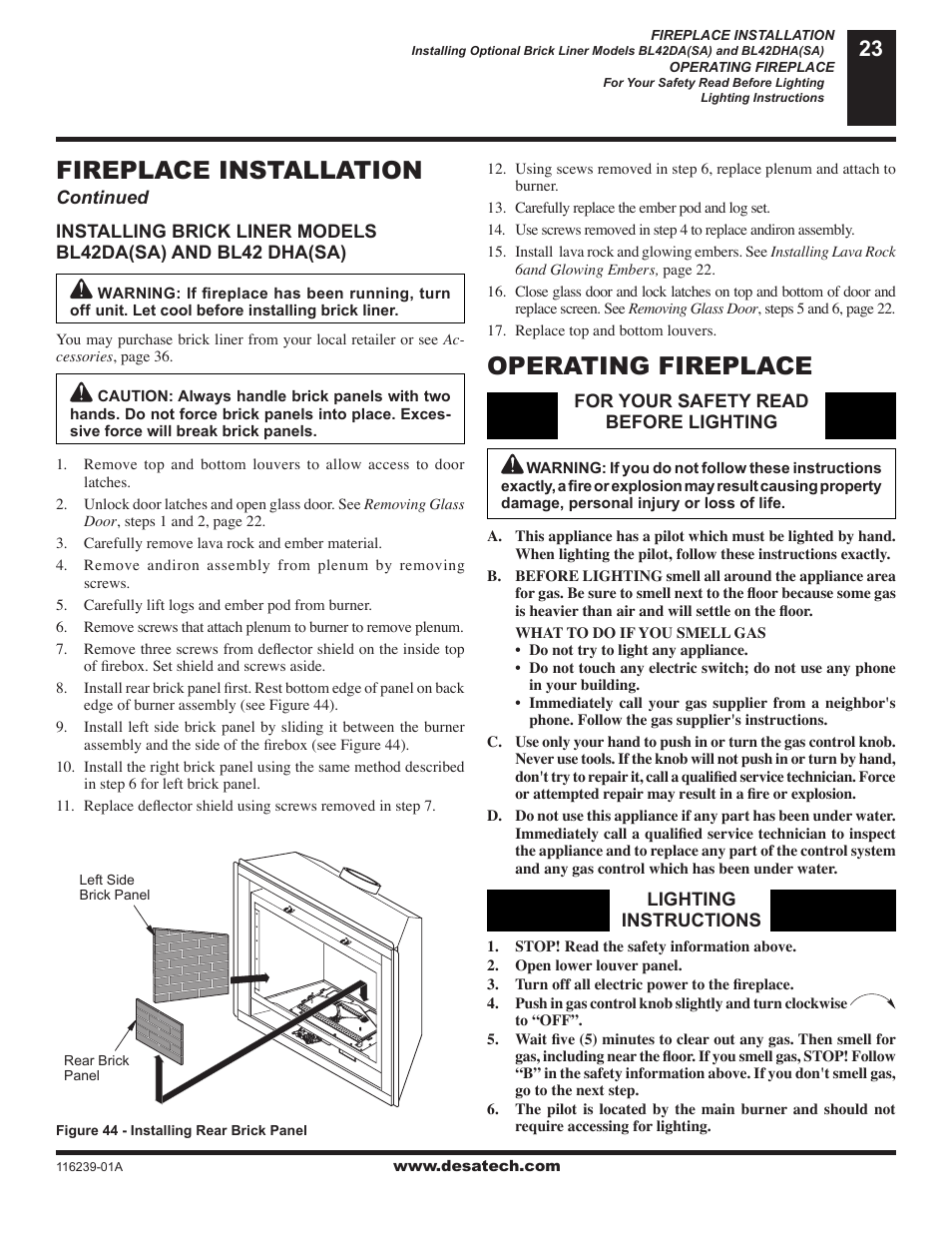 Operating fireplace, Fireplace installation | Desa (V)KC42N User Manual | Page 23 / 40