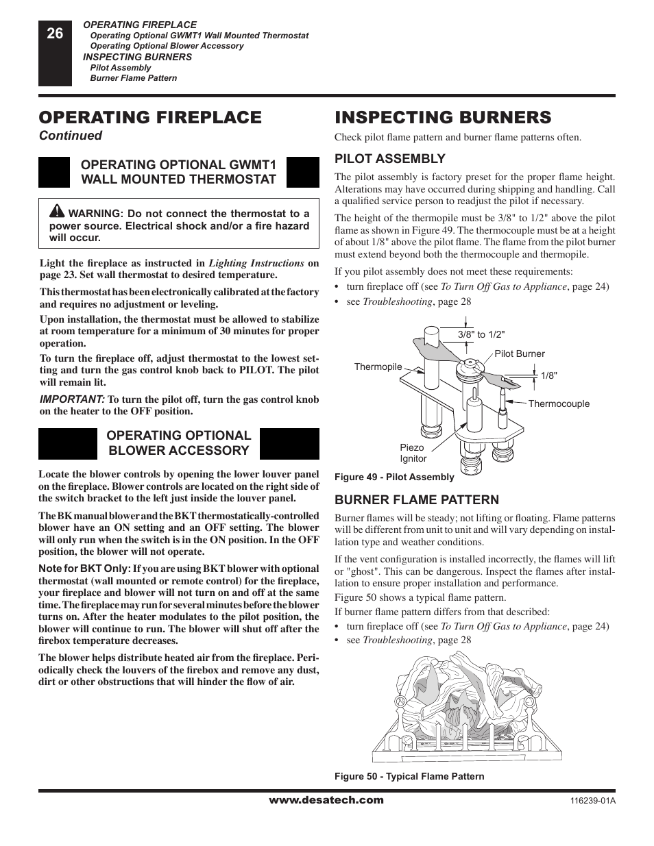 Inspecting burners, Operating fireplace | Desa (V)KC42N User Manual | Page 26 / 40