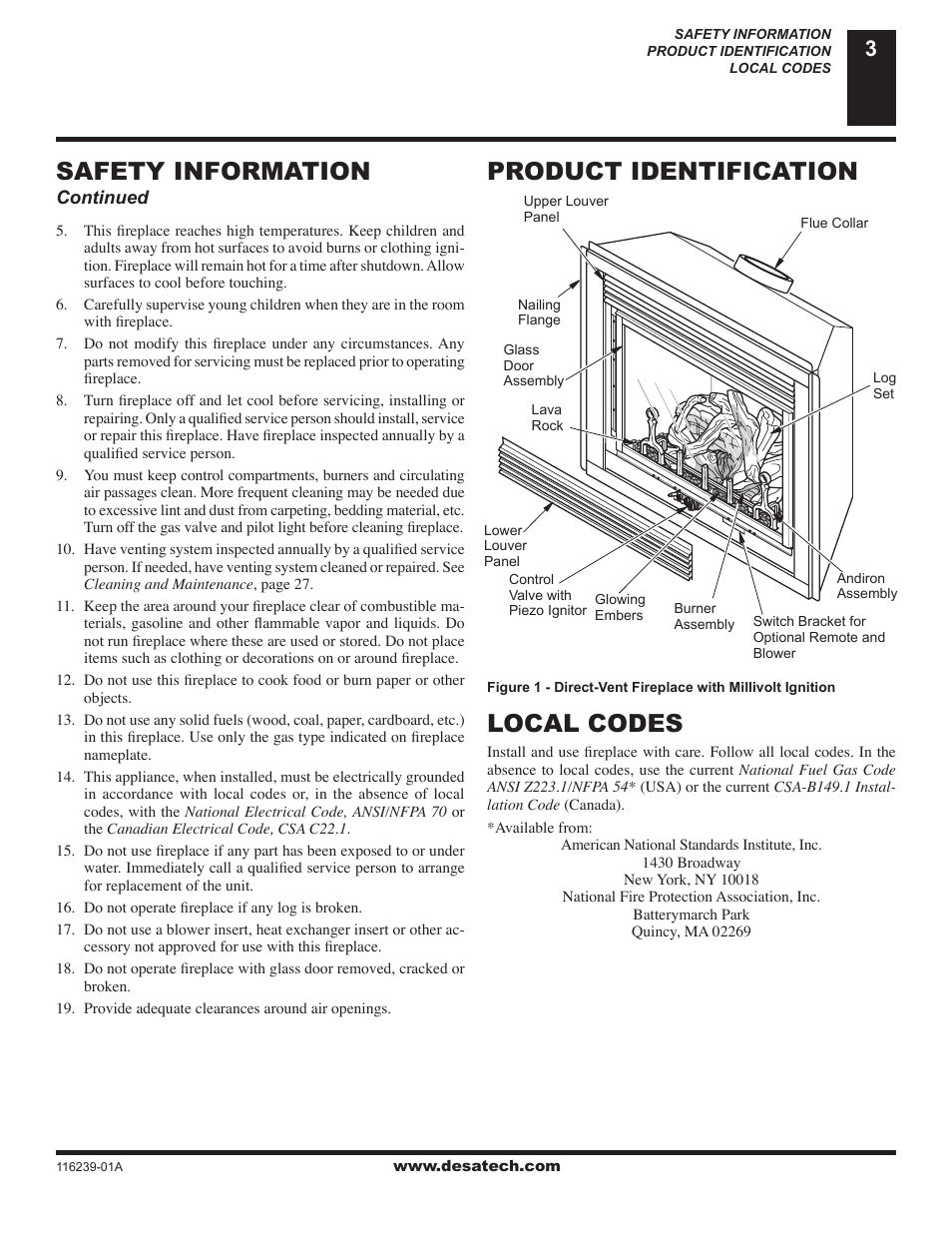 Product identification, Local codes, Safety information | Desa (V)KC42N User Manual | Page 3 / 40