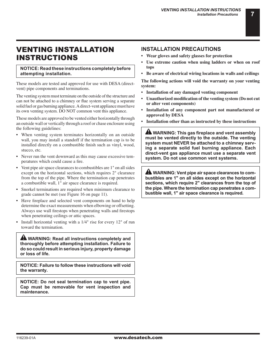 Venting installation instructions | Desa (V)KC42N User Manual | Page 7 / 40