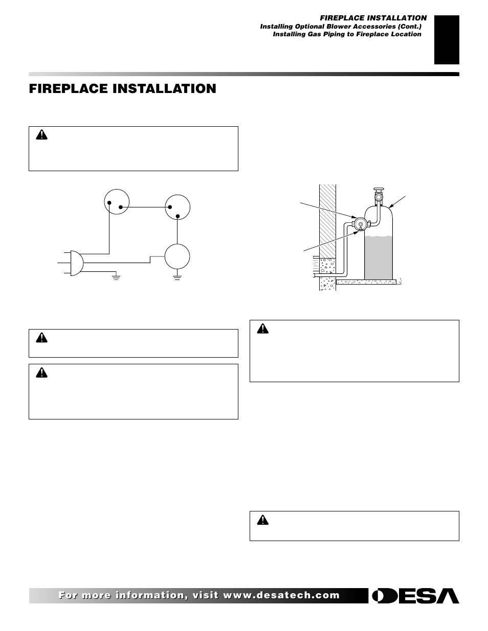 Fireplace installation, Continued, Installing gas piping to fireplace location | Desa CHDV42NRA User Manual | Page 19 / 42