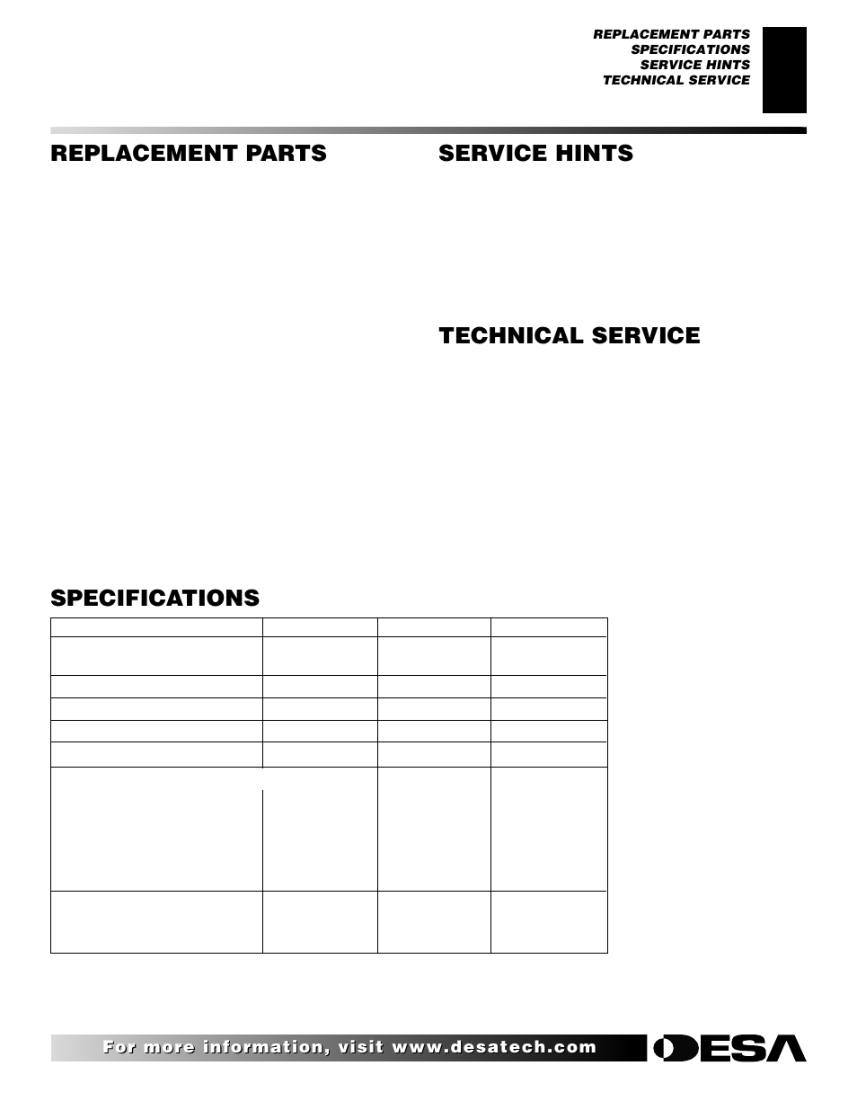 Specifications service hints, Technical service, Replacement parts | Desa CHDV42NRA User Manual | Page 33 / 42