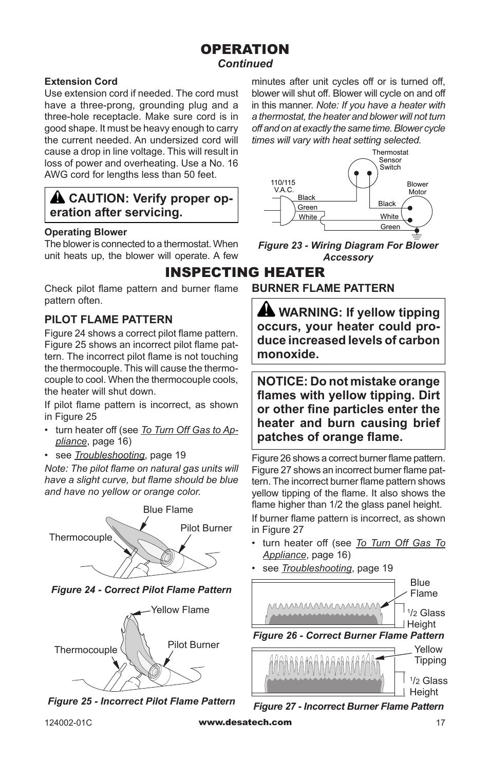 Inspecting heater, Operation, Caution: verify proper op- eration after servicing | Desa WMN20A User Manual | Page 17 / 60