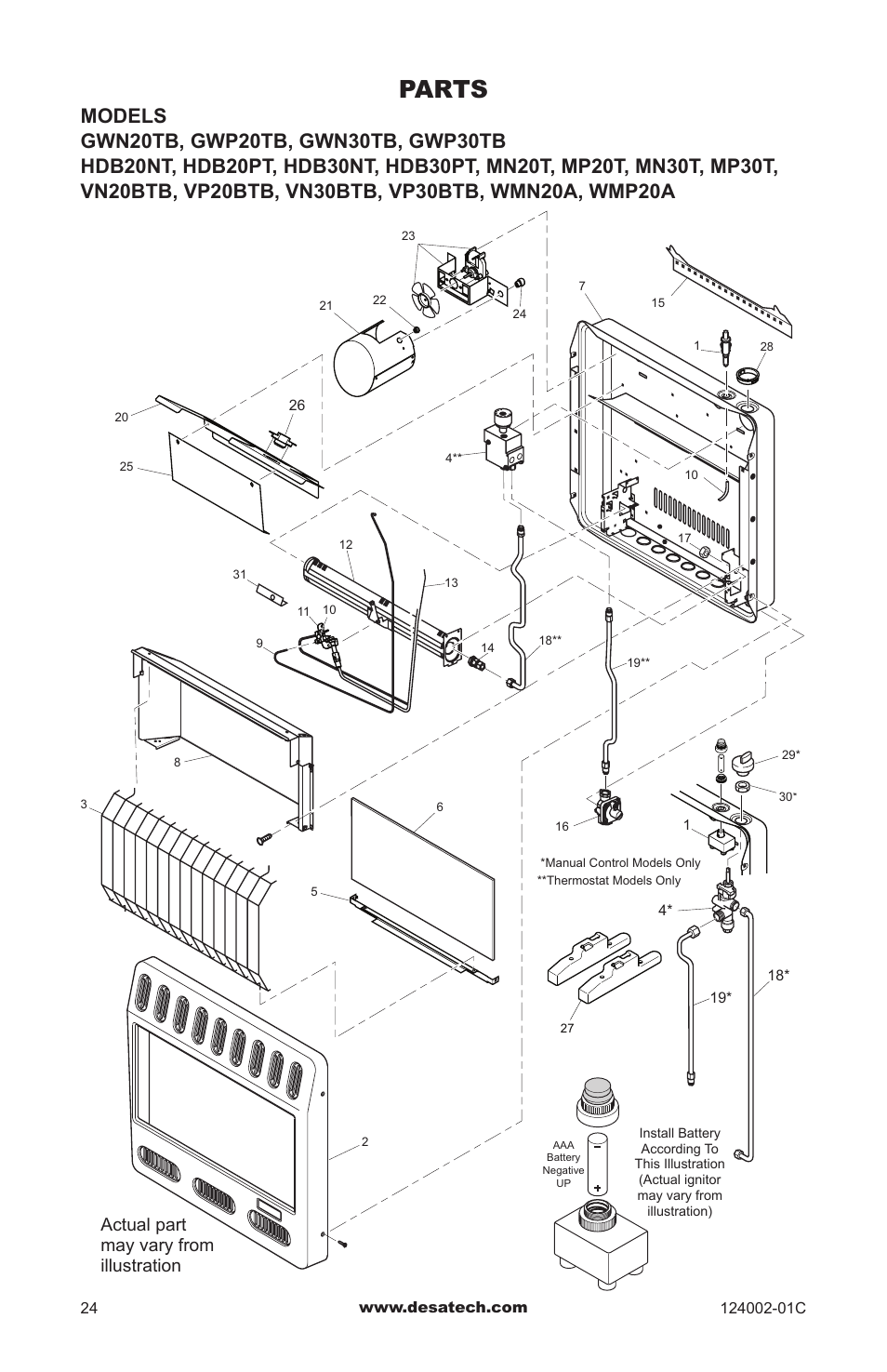 Parts, Actual part may vary from illustration | Desa WMN20A User Manual | Page 24 / 60