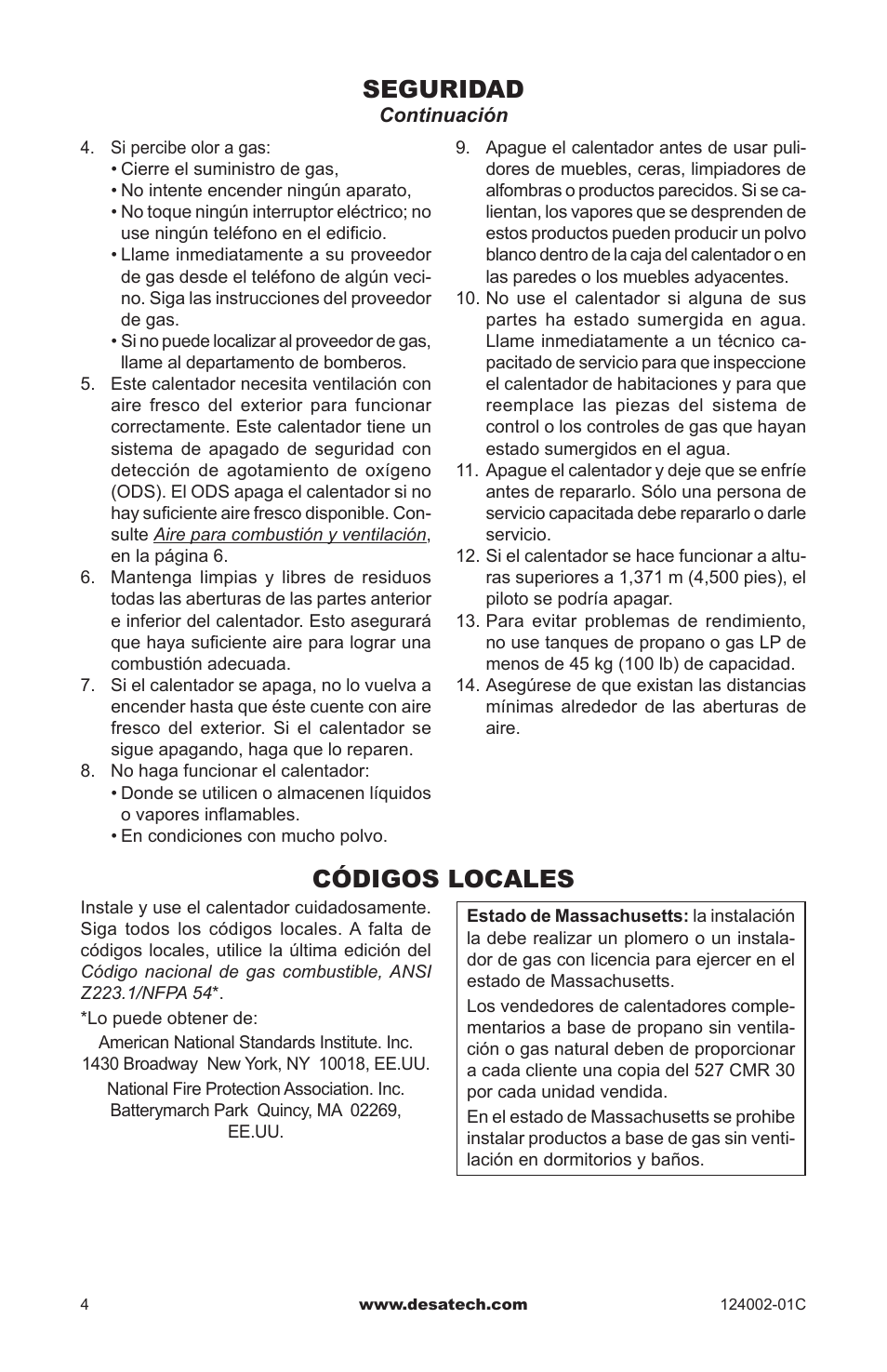 Códigos locales, Seguridad | Desa WMN20A User Manual | Page 32 / 60
