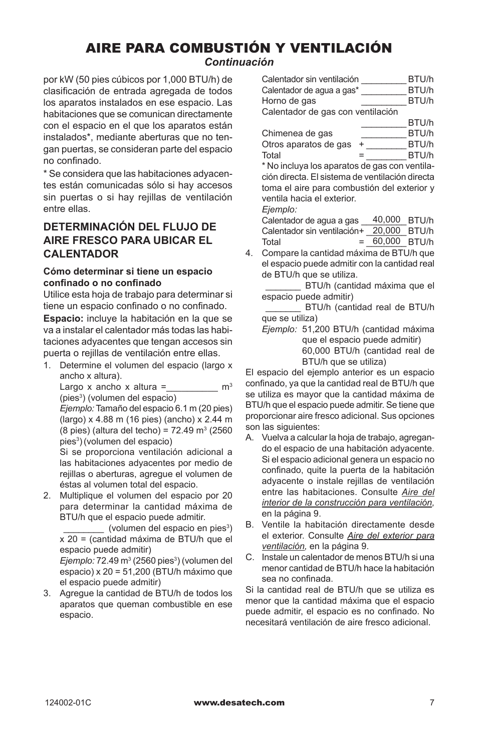 Aire para combustión y ventilación, Continuación | Desa WMN20A User Manual | Page 35 / 60