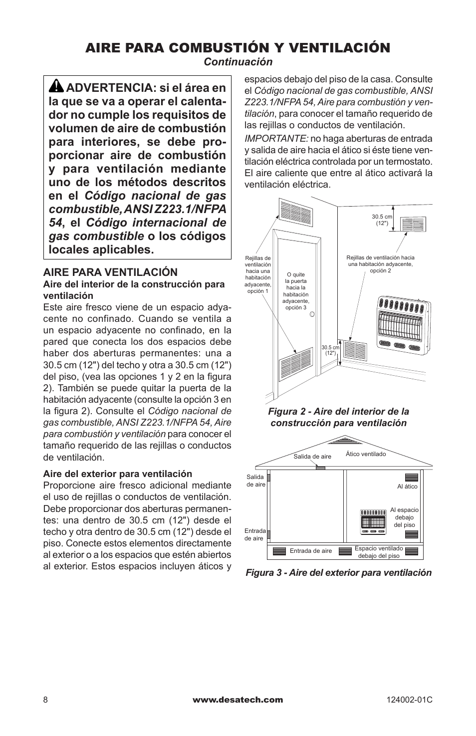 Aire para combustión y ventilación, Aire para ventilación, Continuación | Desa WMN20A User Manual | Page 36 / 60