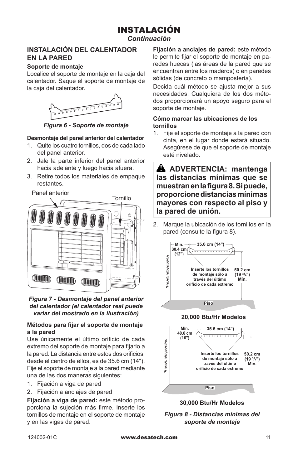 Instalación, Instalación del calentador en la pared, Continuación | Desa WMN20A User Manual | Page 39 / 60