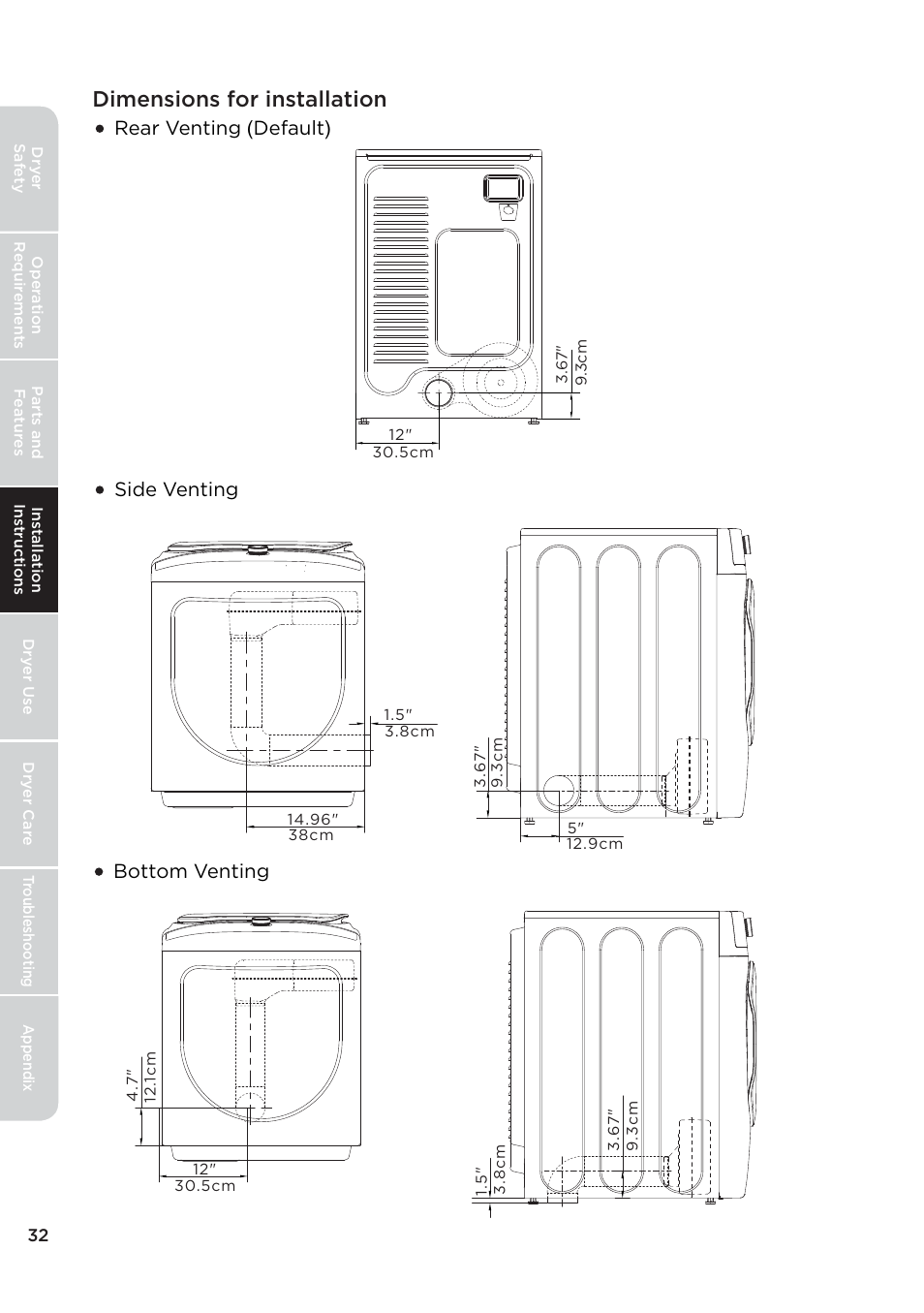 页 32, Dimensions for installation, Rear venting ( default ) | Side venting bottom venting | MIDEA 27 Inch Electric Dryer Owner's Manual User Manual | Page 32 / 104