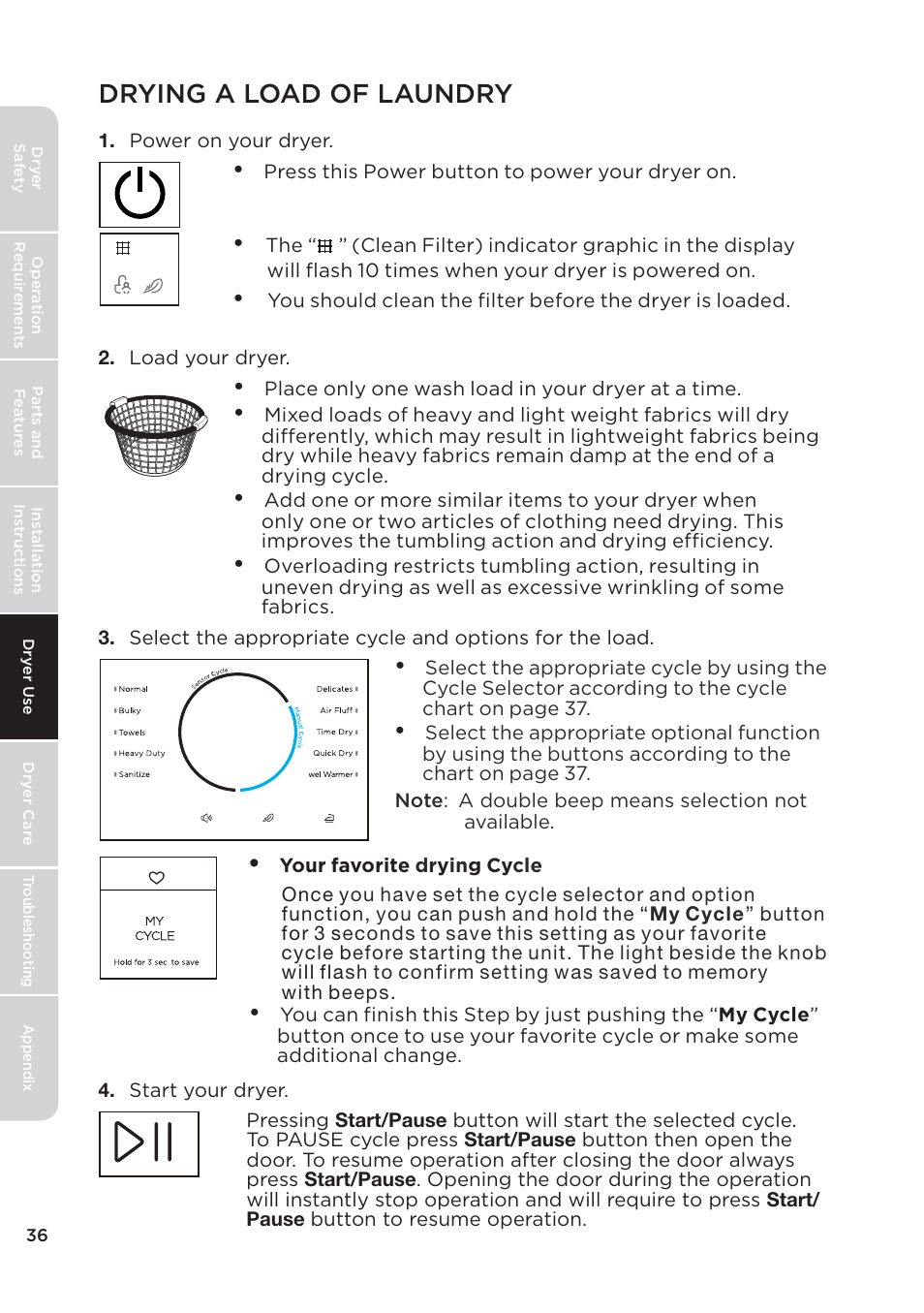 页 36, Drying a load of laundry | MIDEA 27 Inch Electric Dryer Owner's Manual User Manual | Page 36 / 104