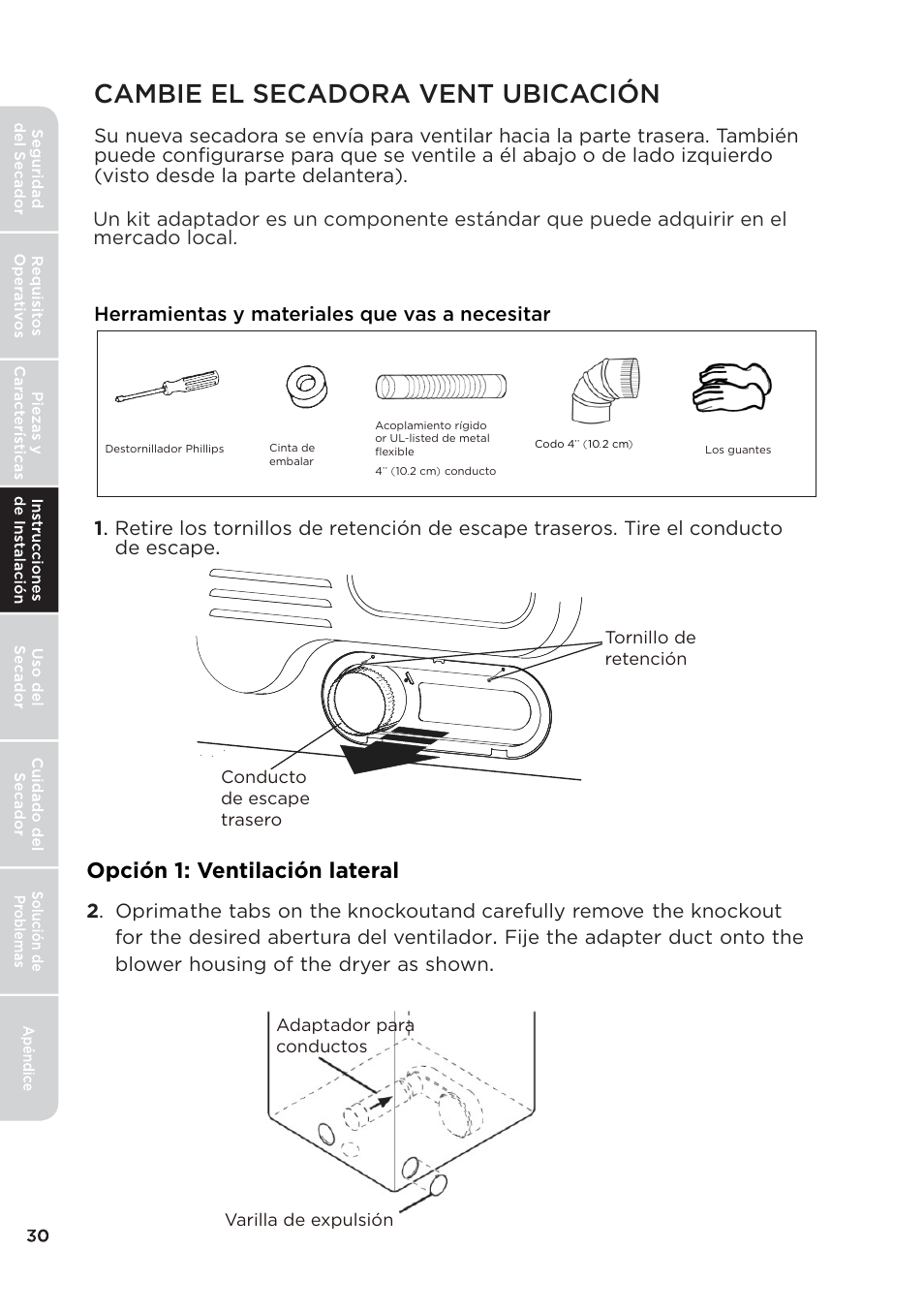 页 132, Cambie el secadora vent ubicaci ó n | MIDEA 27 Inch Electric Dryer Owner's Manual User Manual | Page 80 / 104