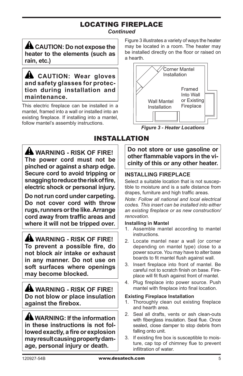 Installation, Locating fireplace | Desa CGEF26B User Manual | Page 5 / 20