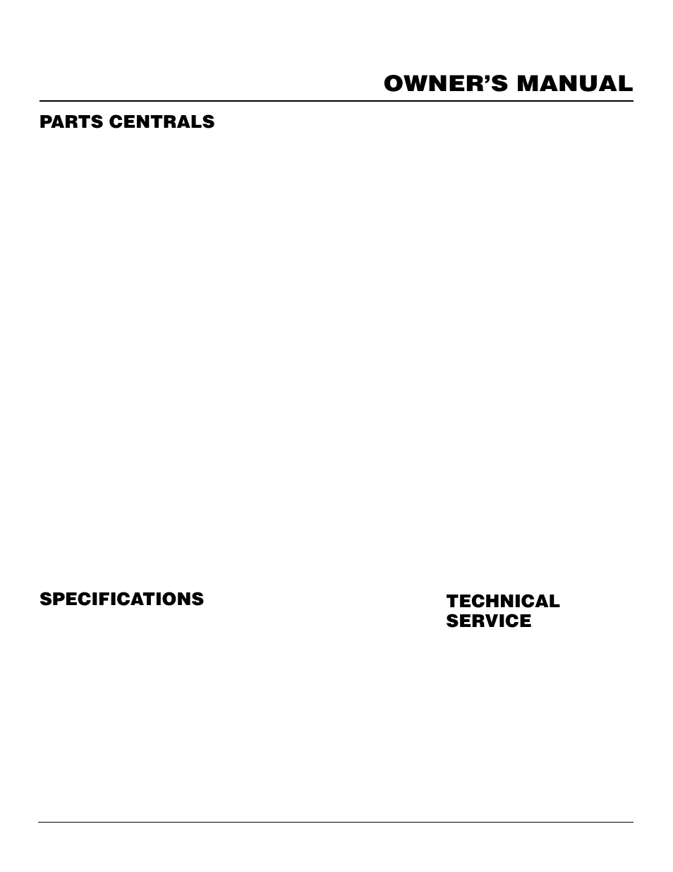 Owner’s manual, Parts centrals, Specifications | Technical service | Desa CGCF26TNA User Manual | Page 23 / 24