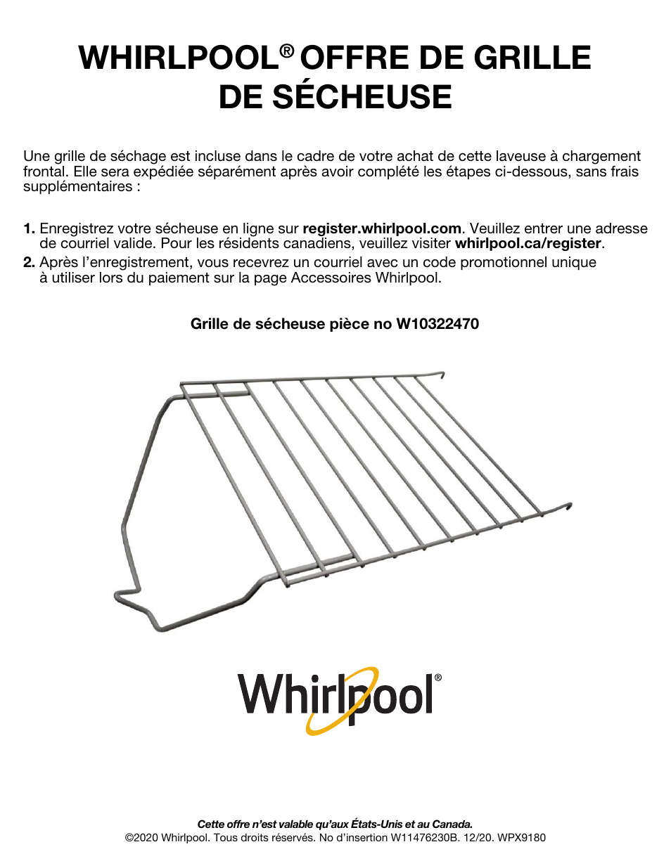 W11476230b_td, Whirlpool, Offre de grille de sécheuse | Whirlpool 27 Inch Electric Dryer Insert User Manual | Page 2 / 2