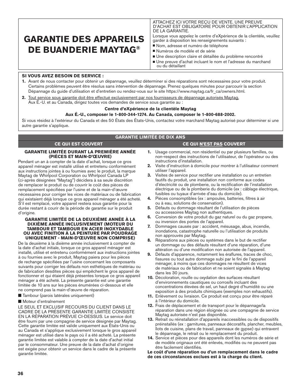 Garantie des appareils de buanderie maytag | Maytag 27 Inch Electric Dryer Warranty User Manual | Page 2 / 2