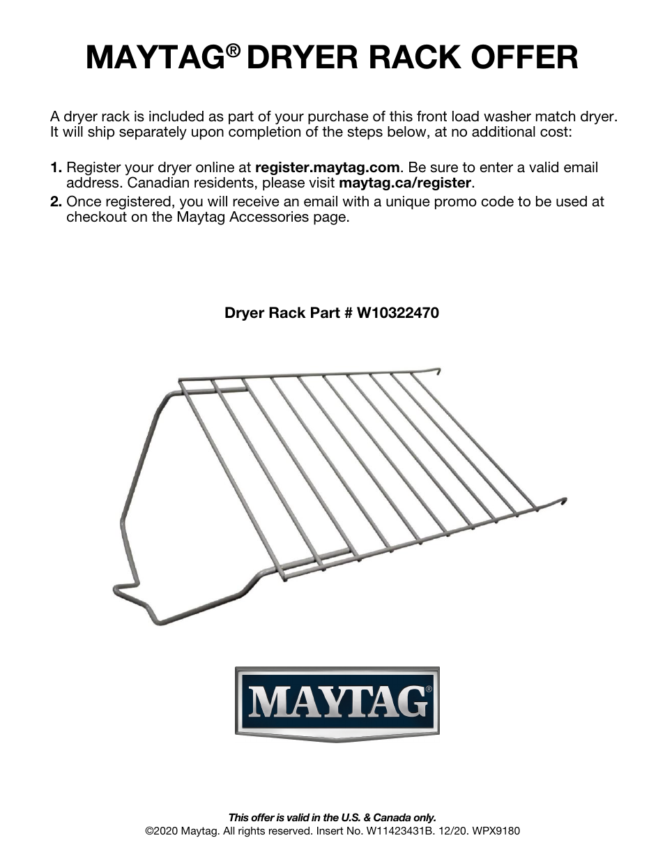 Maytag 27 Inch Electric Smart Dryer Insert User Manual | 2 pages