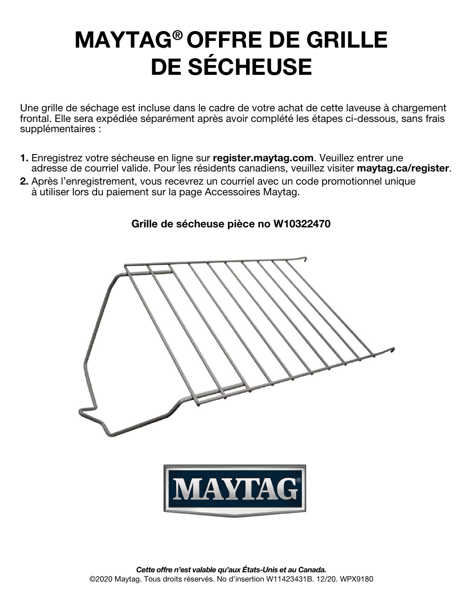 W11423431b_td, Maytag, Offre de grille de sécheuse | Maytag 27 Inch Electric Smart Dryer Insert User Manual | Page 2 / 2