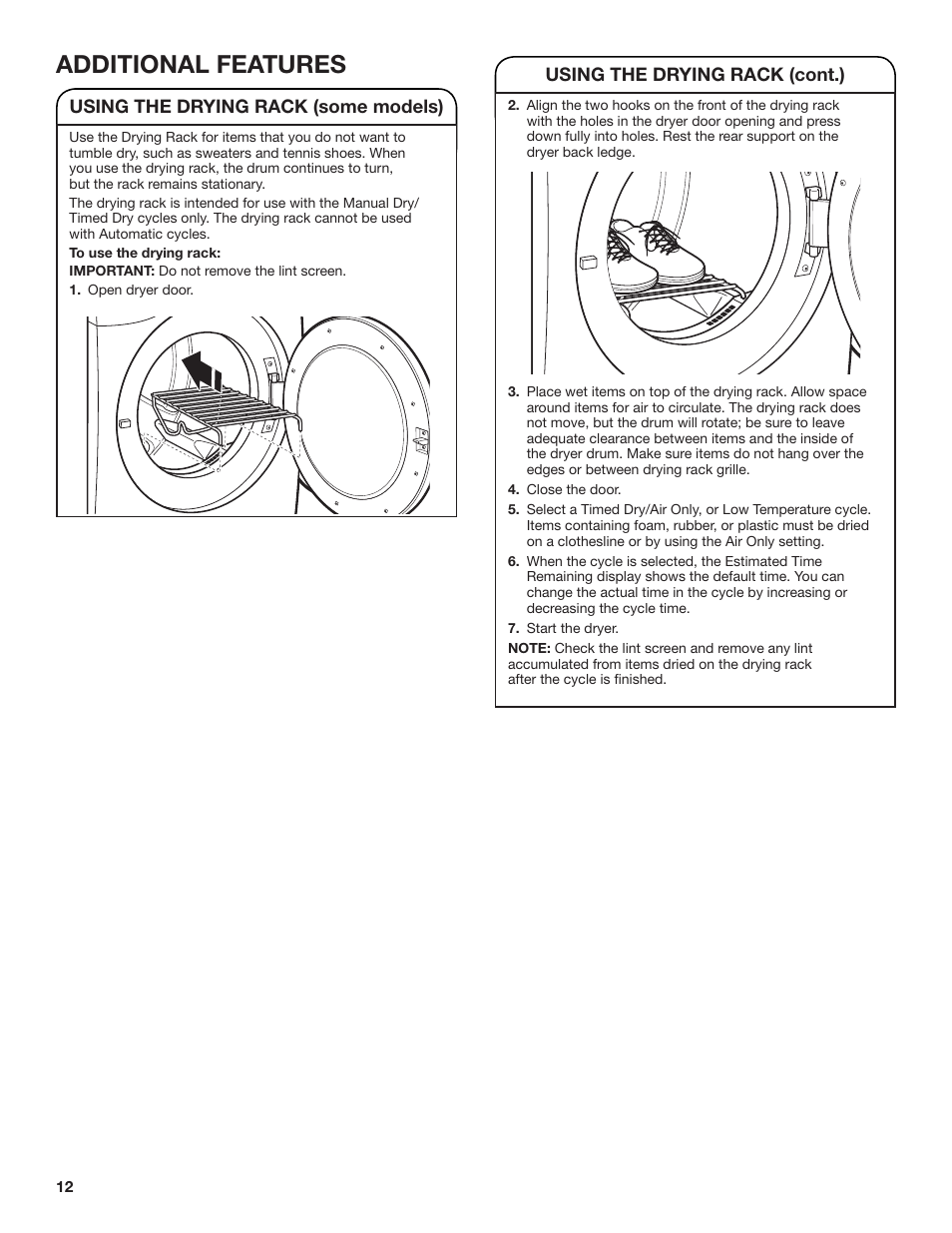 Additional features, Using the drying rack (some models), Using the drying rack (cont.) | Whirlpool 27 Inch Electric Long Vent Dryer Use and Care Guide User Manual | Page 12 / 40