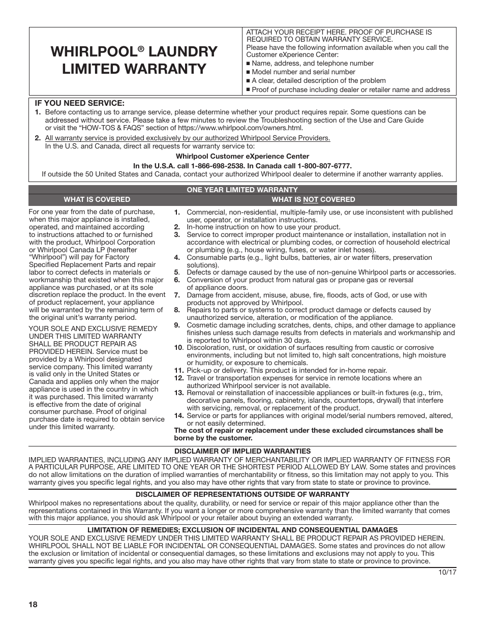 Whirlpool, Laundry limited warranty | Whirlpool 27 Inch Electric Long Vent Dryer Use and Care Guide User Manual | Page 18 / 40