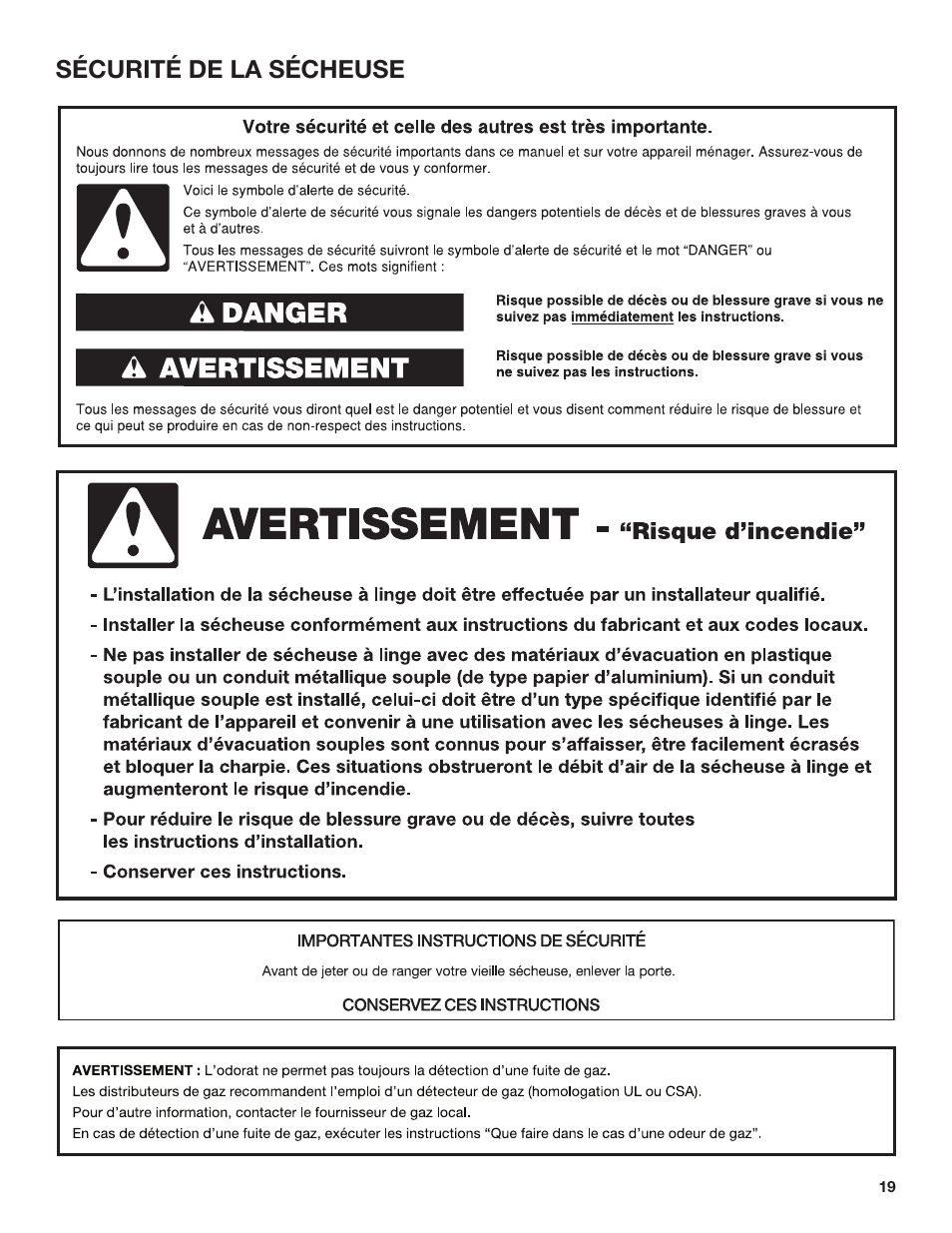 Sécurité de la sécheuse | Whirlpool 27 Inch Electric Long Vent Dryer Use and Care Guide User Manual | Page 19 / 40