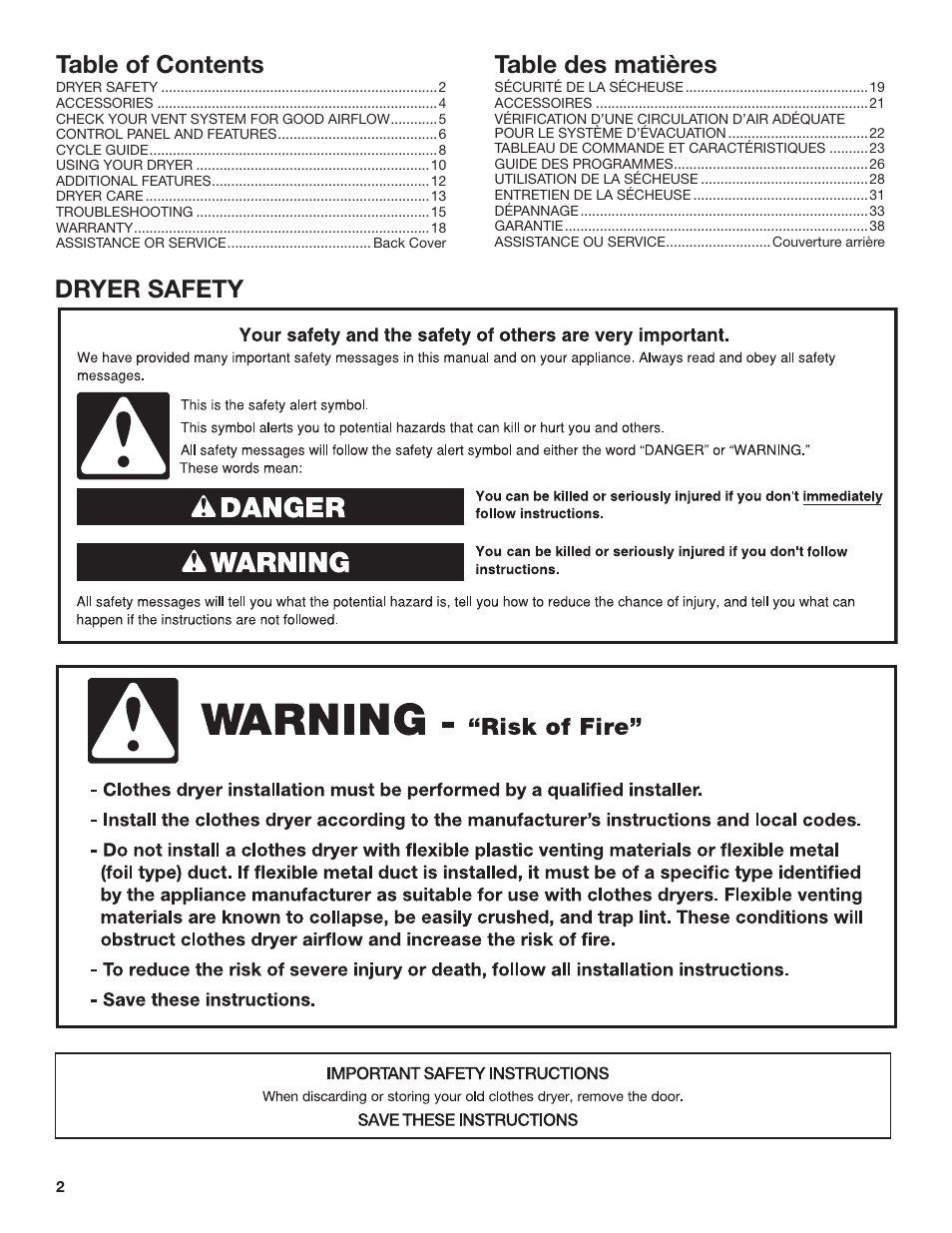 Whirlpool 27 Inch Electric Long Vent Dryer Use and Care Guide User Manual | Page 2 / 40