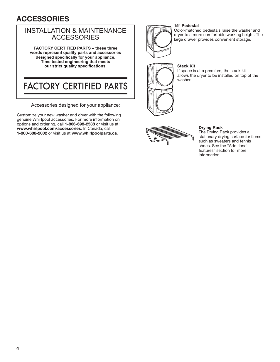 Accessories, Factory certified parts, Installation & maintenance accessories | Whirlpool 27 Inch Electric Long Vent Dryer Use and Care Guide User Manual | Page 4 / 40