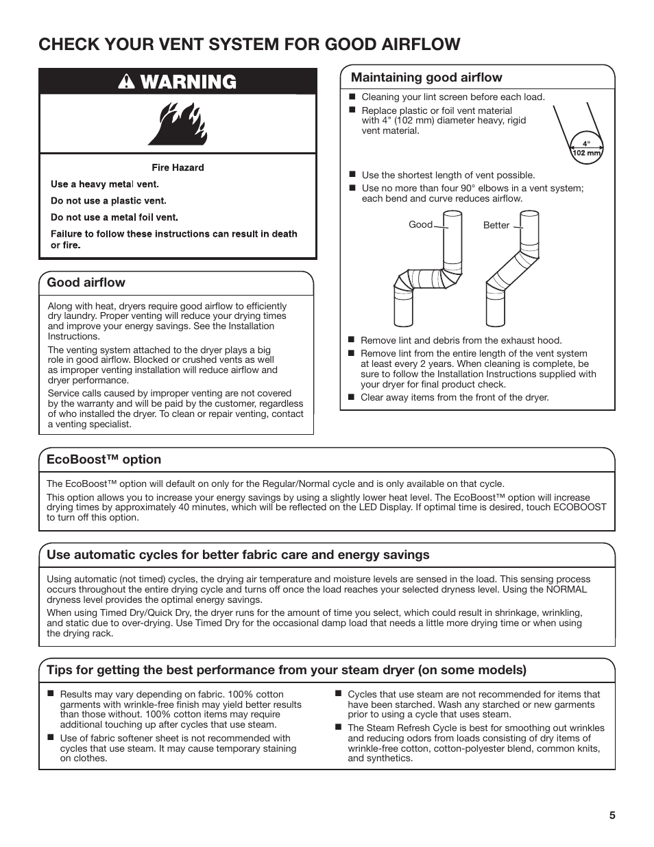 Check your vent system for good airflow, Good airflow maintaining good airflow, Ecoboost™ option | Whirlpool 27 Inch Electric Long Vent Dryer Use and Care Guide User Manual | Page 5 / 40