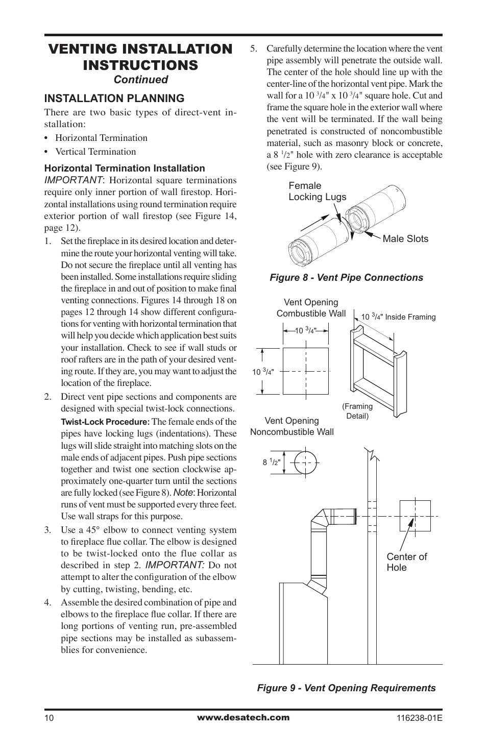 Venting installation instructions, Installation planning, Continued | Desa (V)KC36NE Series User Manual | Page 10 / 40