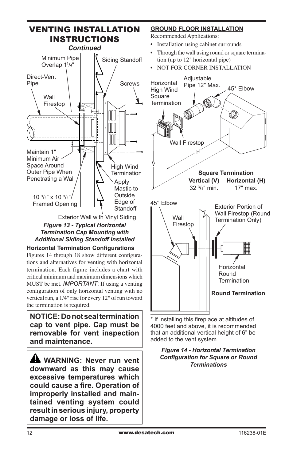 Venting installation instructions | Desa (V)KC36NE Series User Manual | Page 12 / 40