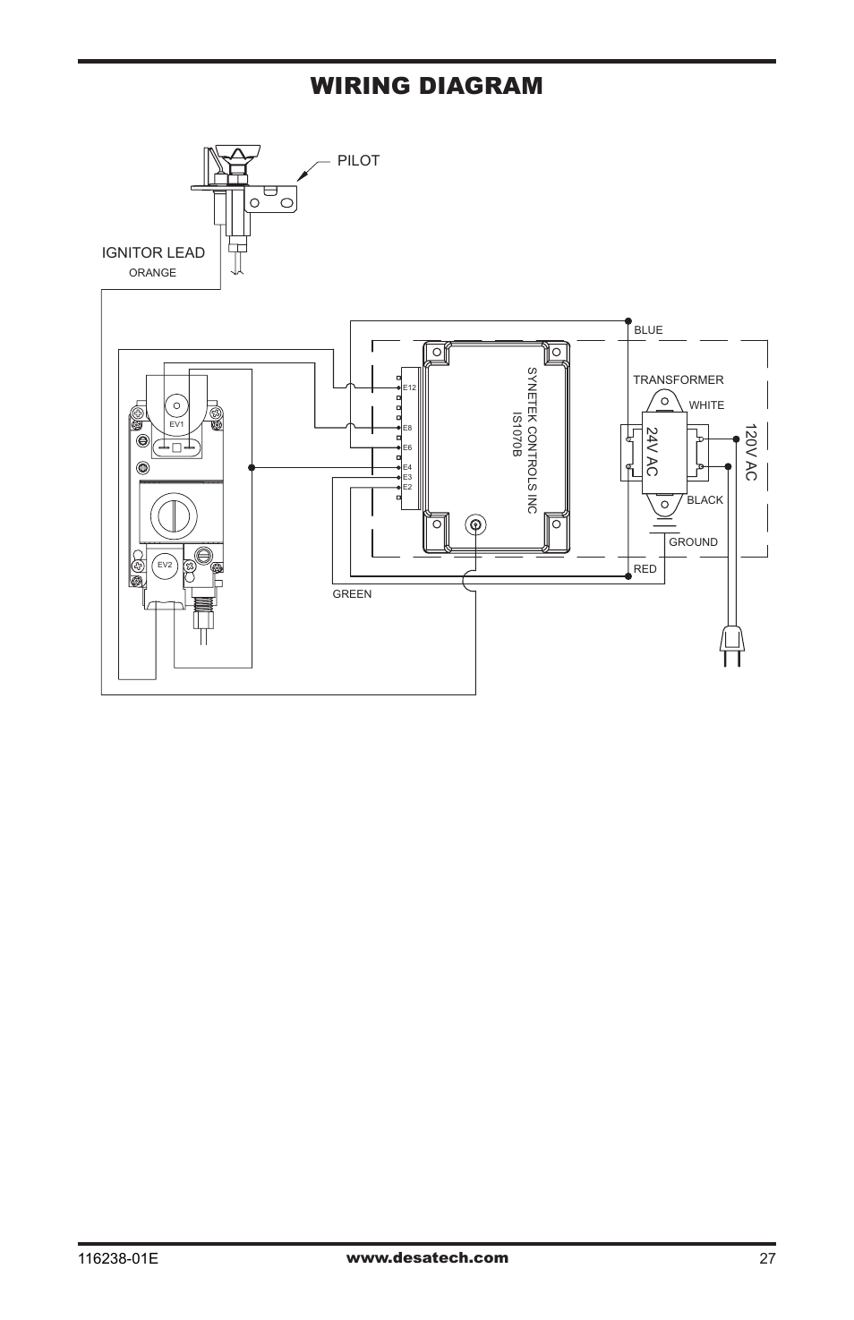 Wiring diagram, Ignitor lead, Pilot | 24v ac, 120v ac | Desa (V)KC36NE Series User Manual | Page 27 / 40