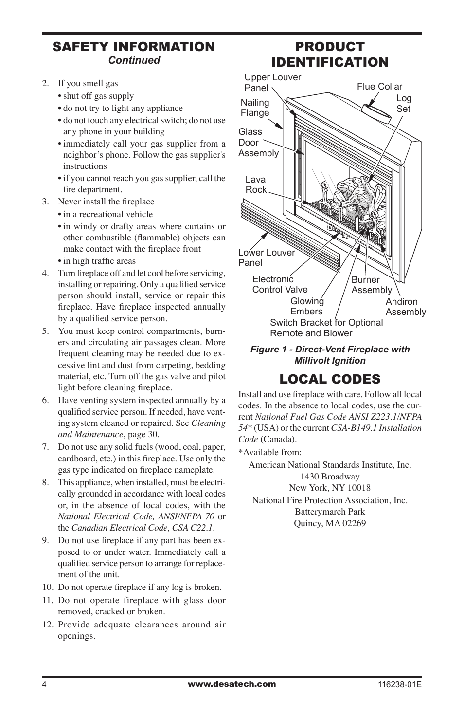 Product identification, Local codes, Safety information | Desa (V)KC36NE Series User Manual | Page 4 / 40