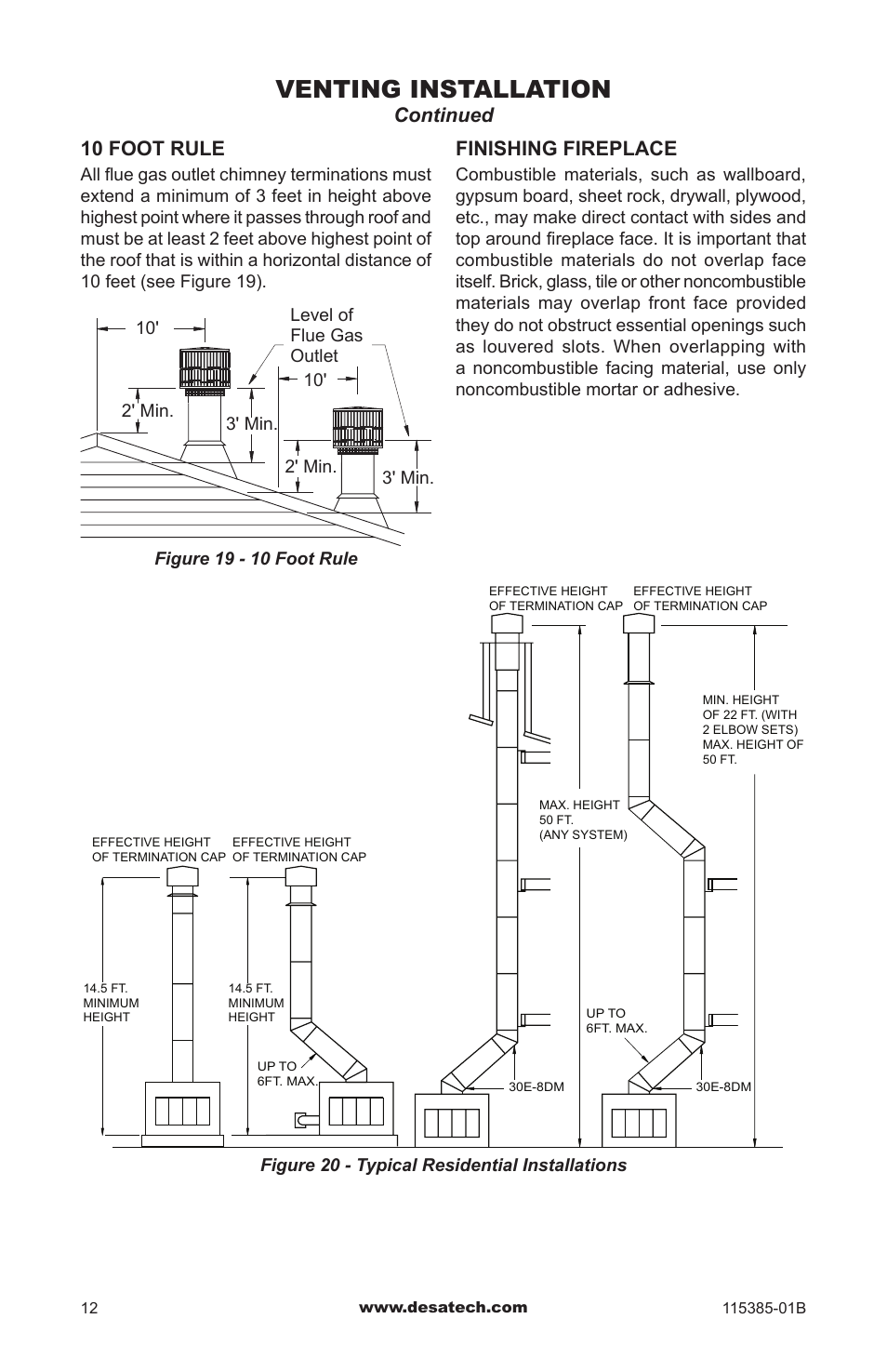 Venting installation, 10 foot rule, Continued finishing fireplace | Desa B36L-M User Manual | Page 12 / 20