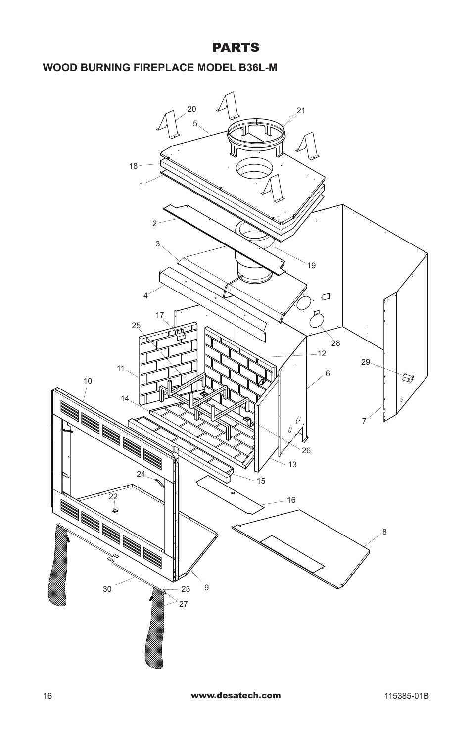 Parts, Wood burning fireplace model b36l-m | Desa B36L-M User Manual | Page 16 / 20