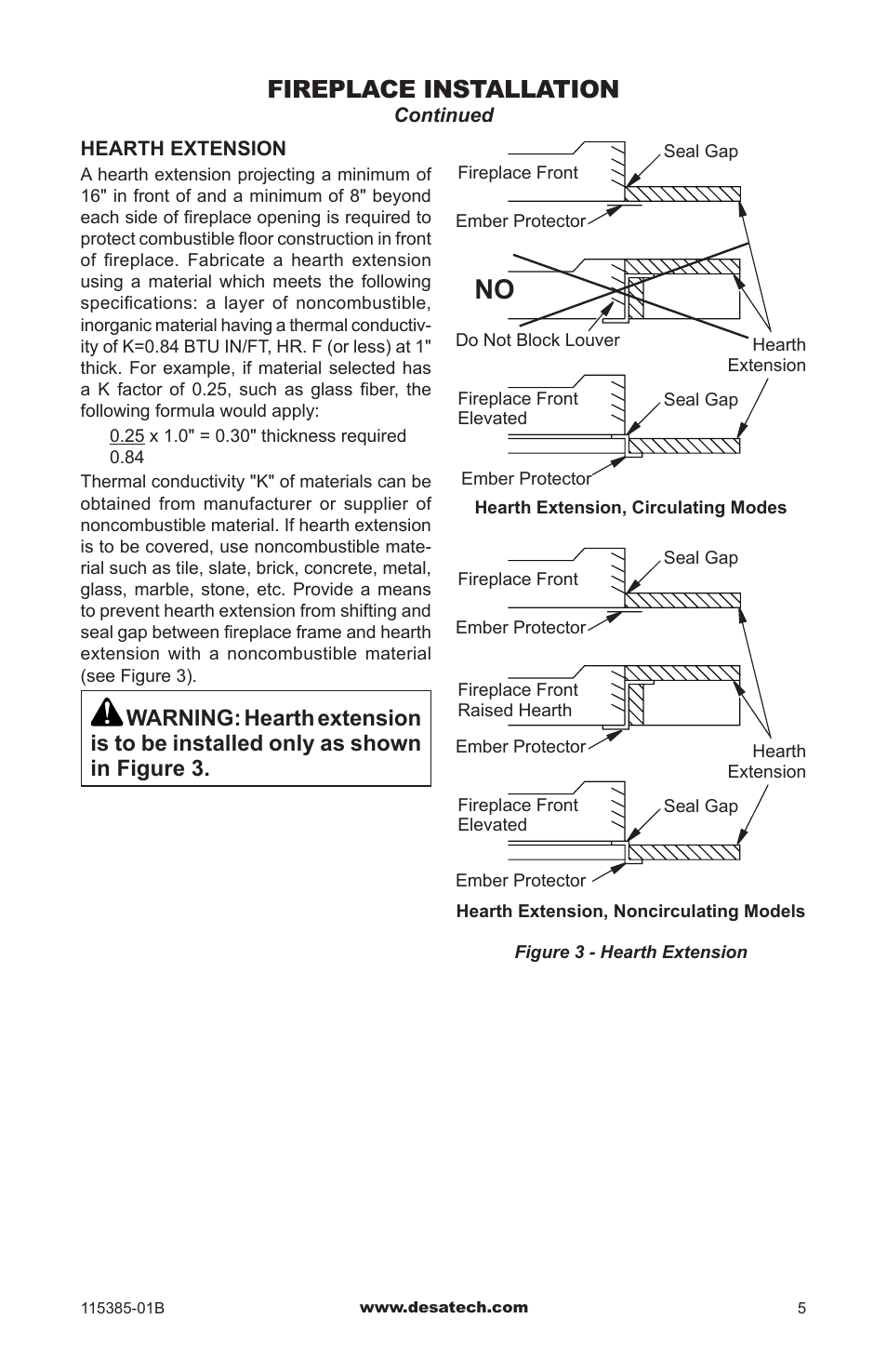 Fireplace installation | Desa B36L-M User Manual | Page 5 / 20