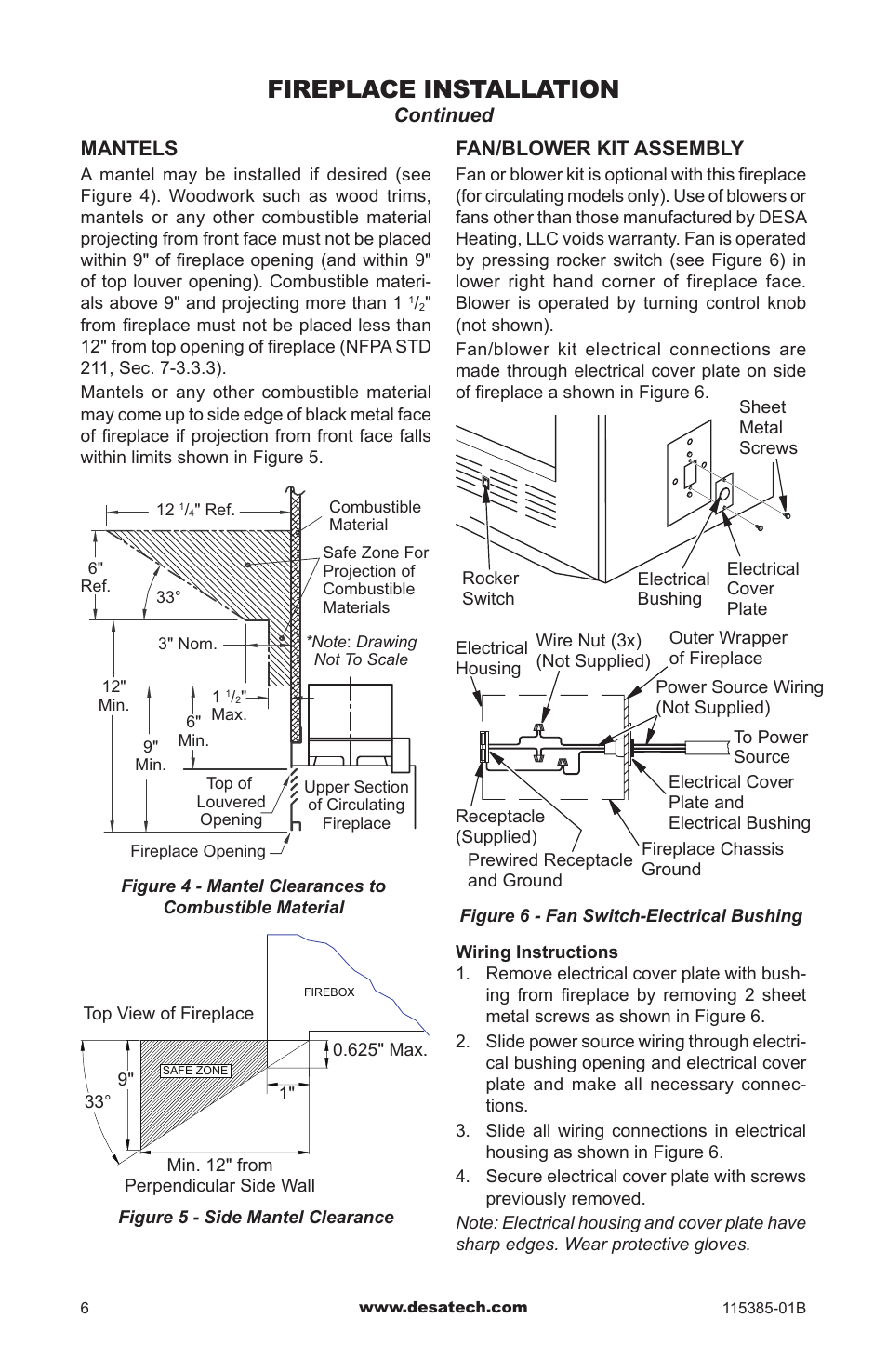 Fireplace installation, Continued, Mantels | Fan/blower kit assembly | Desa B36L-M User Manual | Page 6 / 20