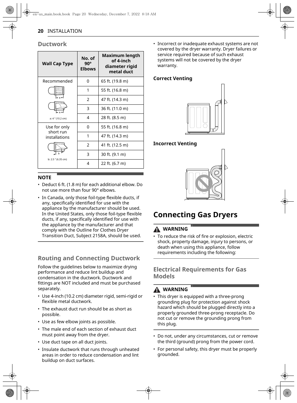 Connecting gas dryers, Ductwork, Routing and connecting ductwork | Electrical requirements for gas models | LG 27 Inch Electric Smart Dryer Owners Guide User Manual | Page 20 / 132