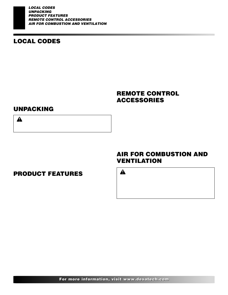 Air for combustion and ventilation, Unpacking product features, Remote control accessories | Local codes | Desa FVFM27NR/PR User Manual | Page 4 / 28