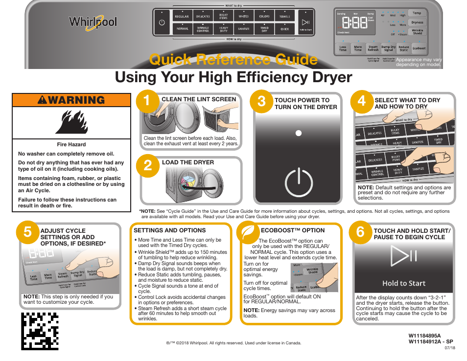 Whirlpool 27 Inch Electric Dryer Quick Start Guide User Manual | 2 pages